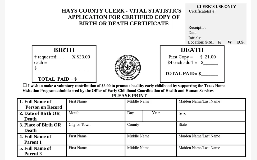 A screenshot of the form used to obtain birth or death documentation in Hays County.