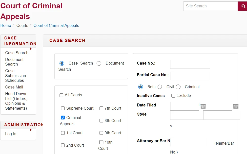 A screenshot of the tool that individuals can use if they specifically want to access any criminal cases that have been appealed.