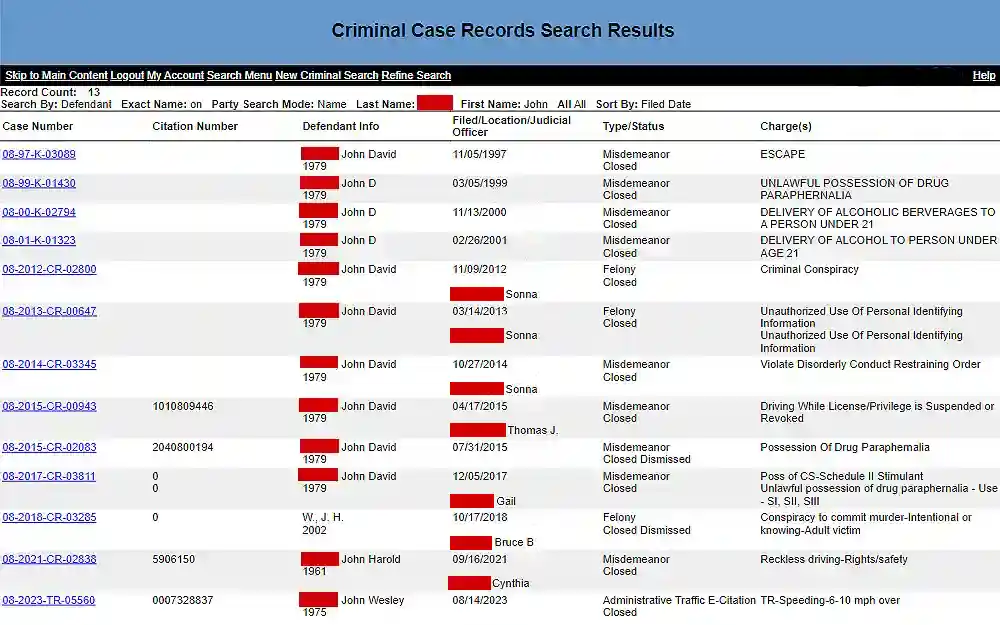 A screenshot of the Criminal Case Records Search Results includes the case and citation number, defendant info, filed/location, type/status, and charge(s).