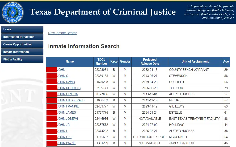 A screenshot from the Texas Department of Criminal Justice showing the list of inmates with their full name, TDCJ number, race, gender, projected release date, unit assignment, and age, along with a link to the full name to view more information about the inmate.