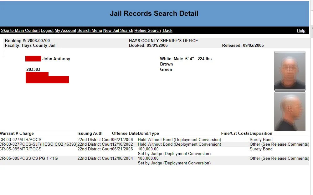 A screenshot of the database to search for jail data in Hays County.