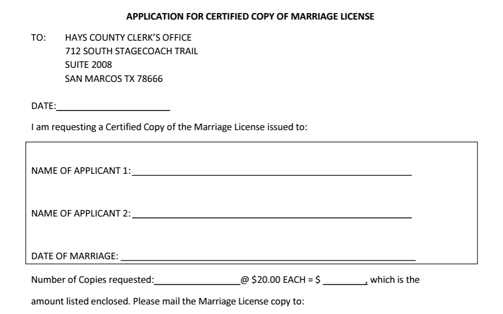 A screenshot of the form used to obtain marriage documentation in Hays County.