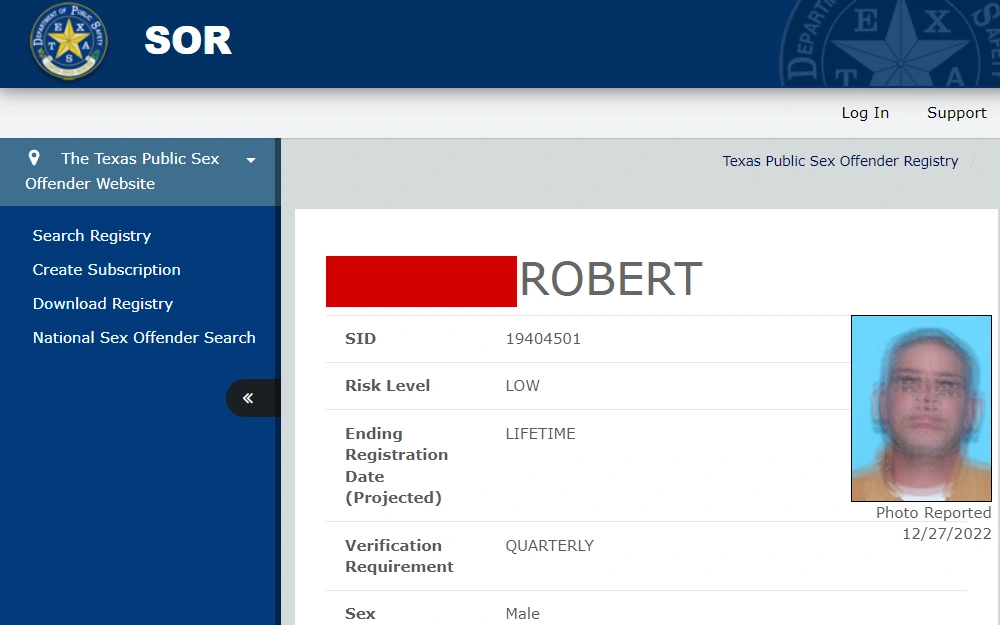 A screenshot of the search tool that allows you to search by address or name for individuals who are registered as sex offenders in Texas.