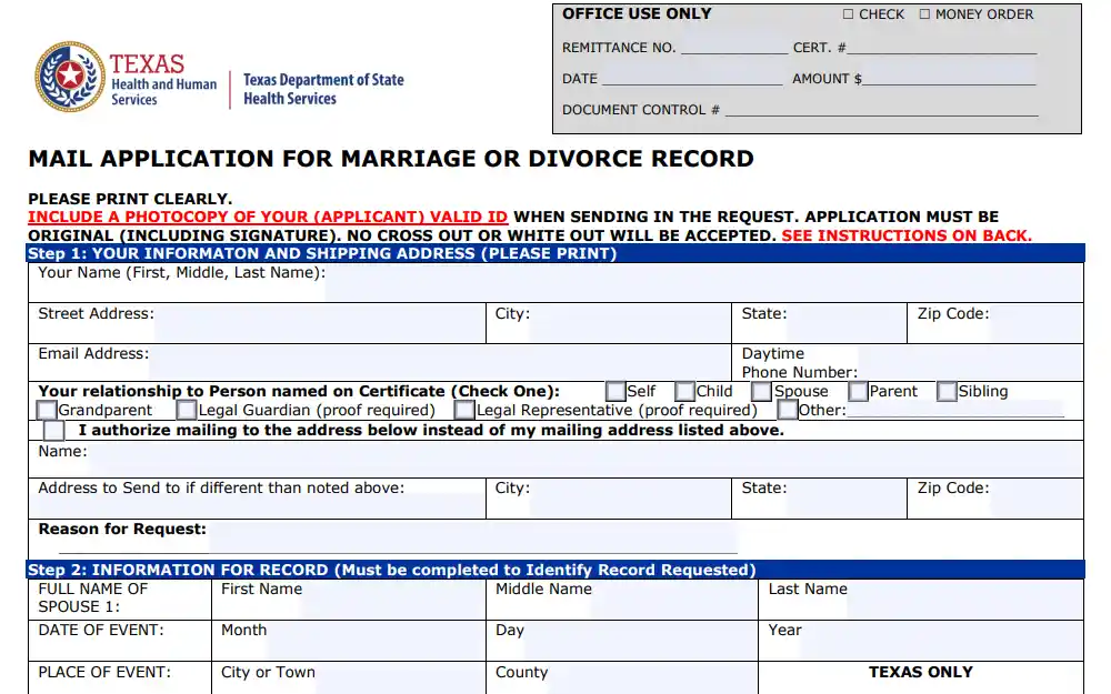 Screenshot of the application form for divorce record displaying the first two steps with fields to fill such as requestor information, including name, address, relationship to the person on the certificate, and reason for request; and record information including names of spouses, date of event, and place of event.