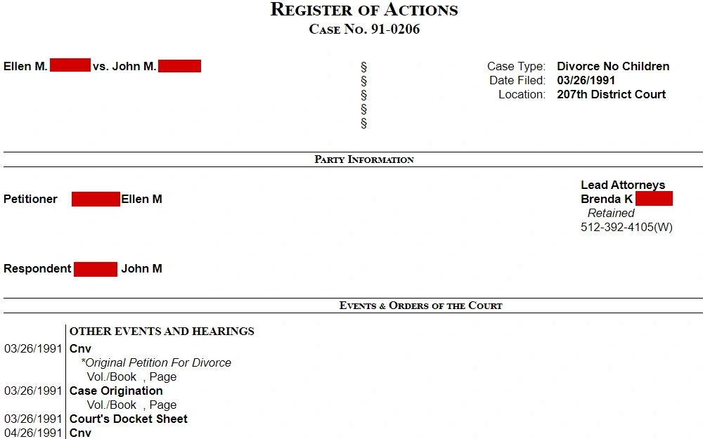 Screenshot of the case information of a divorced couple, displaying the names of both parties, case type, date filed, location, lead attorney, and a list of the events and orders of the court.
