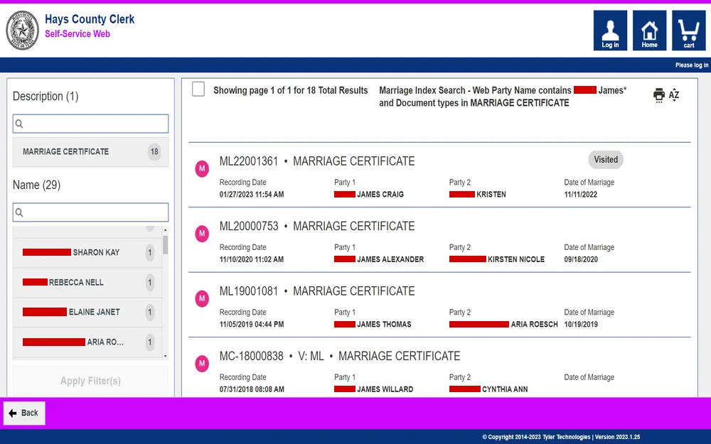 A screenshot of a county clerk's web page with a search function for marriage certificates, displaying results that include recording dates, names of the parties involved, and dates of marriage.