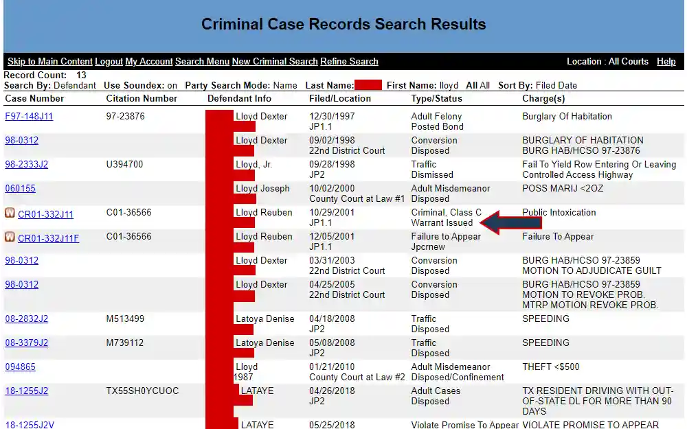 A screenshot of the search results listing the defendant and case information, with an arrow highlighting the presence of a warrant.
