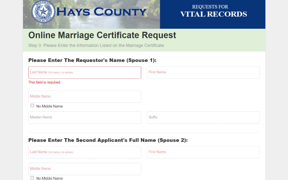 A screenshot of an online form from a county clerk's website requesting a marriage certificate, with fields to enter the full names of both spouses.