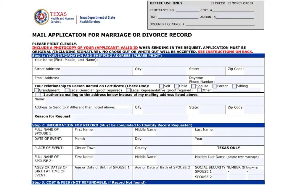 A screenshot of the Texas Health and Human Services form requesting a marriage or divorce record, with sections for the requester's information, relationship to the person on the certificate, and detailed information for both spouses.