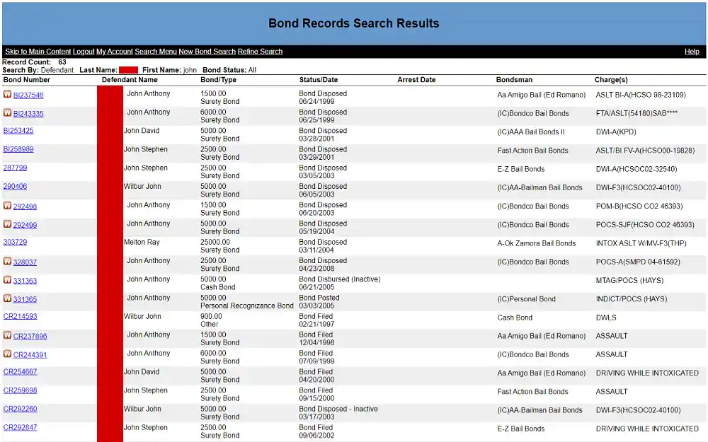 A screenshot showing bond records search results displaying information such as bond number, defendant's name, bond or type, status or date, arrest date, bondsman, and charges from the Hays County Courts Records Inquiry website.