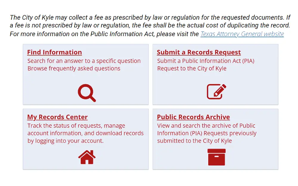 A screenshot displaying a City of Kyle request center displaying options such as find information, submit a records request, my records center, and public records archive from the Kyle Police Department website.