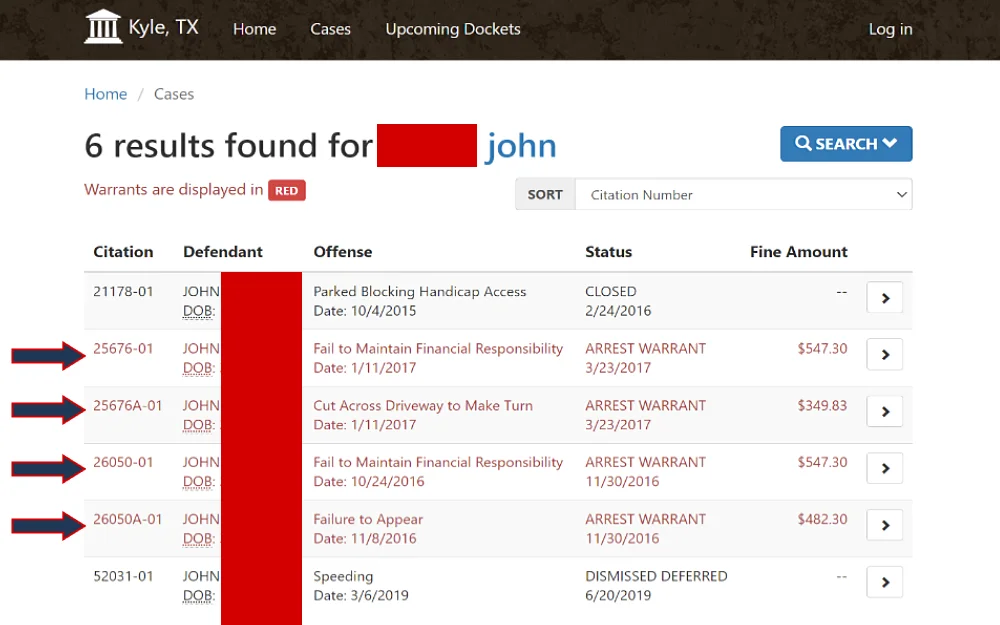 A screenshot showing a criminal case search result displaying information such as citation numbers, defendants' names, date of birth, offenses, status and fines from the Kyle City Municipal Court website.