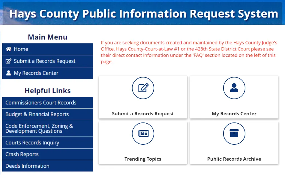 A screenshot displaying a public information request system showing four services: submit a record request, my records system, trending topics, and public records archive from the Hays County Sheriff’s Office website.