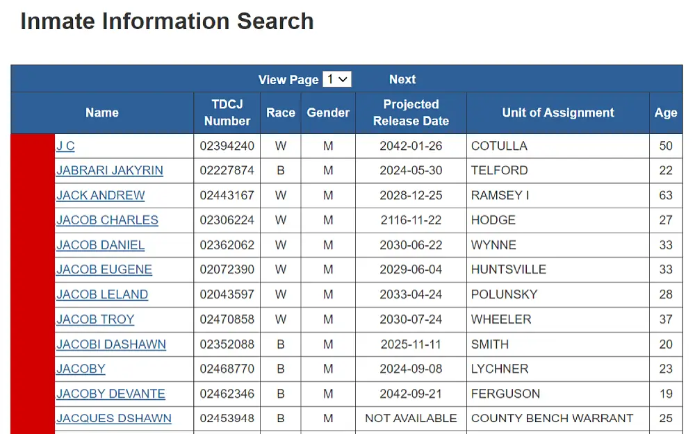 A screenshot showing an inmate information search displaying view page results with information such as full name, TDCJ number, gender, race, projected release date, age and unit of assignment of incarcerated individuals.